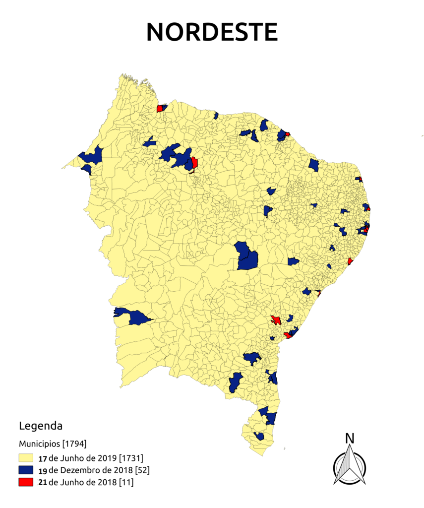 Mapa da região Nordeste do Brasil, por fases de implantação da Lei Federal 13460/2017 nos municípios
